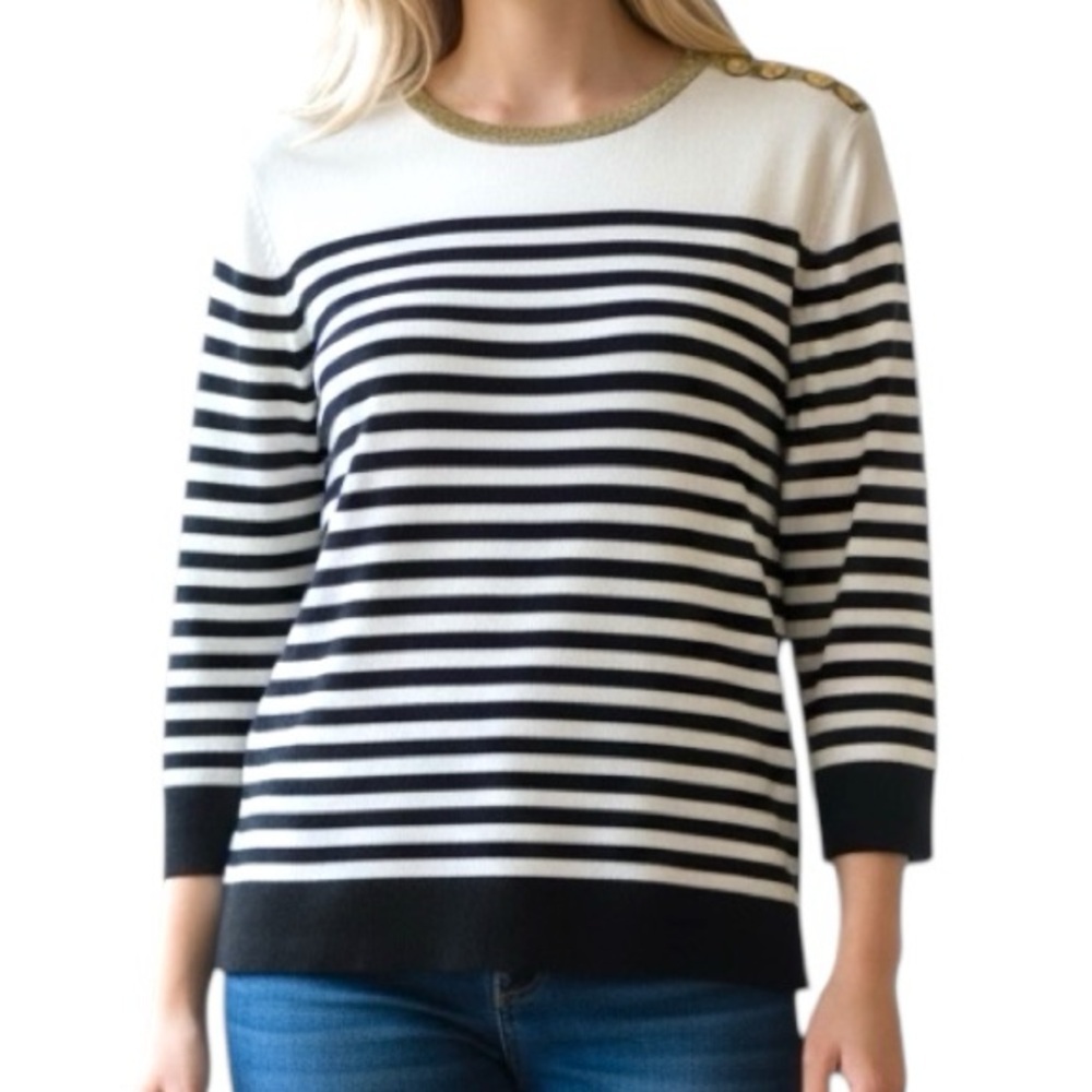 NEW LAUREN Ralph Lauren Pullover Navy Striped Sweater Gold Metallic Trim Medium